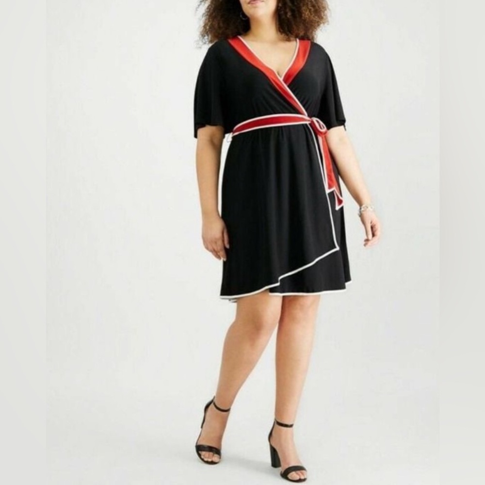 NY Collection Flutter Sleeve Faux Wrap midi dress Black Red petite plus size 2XP